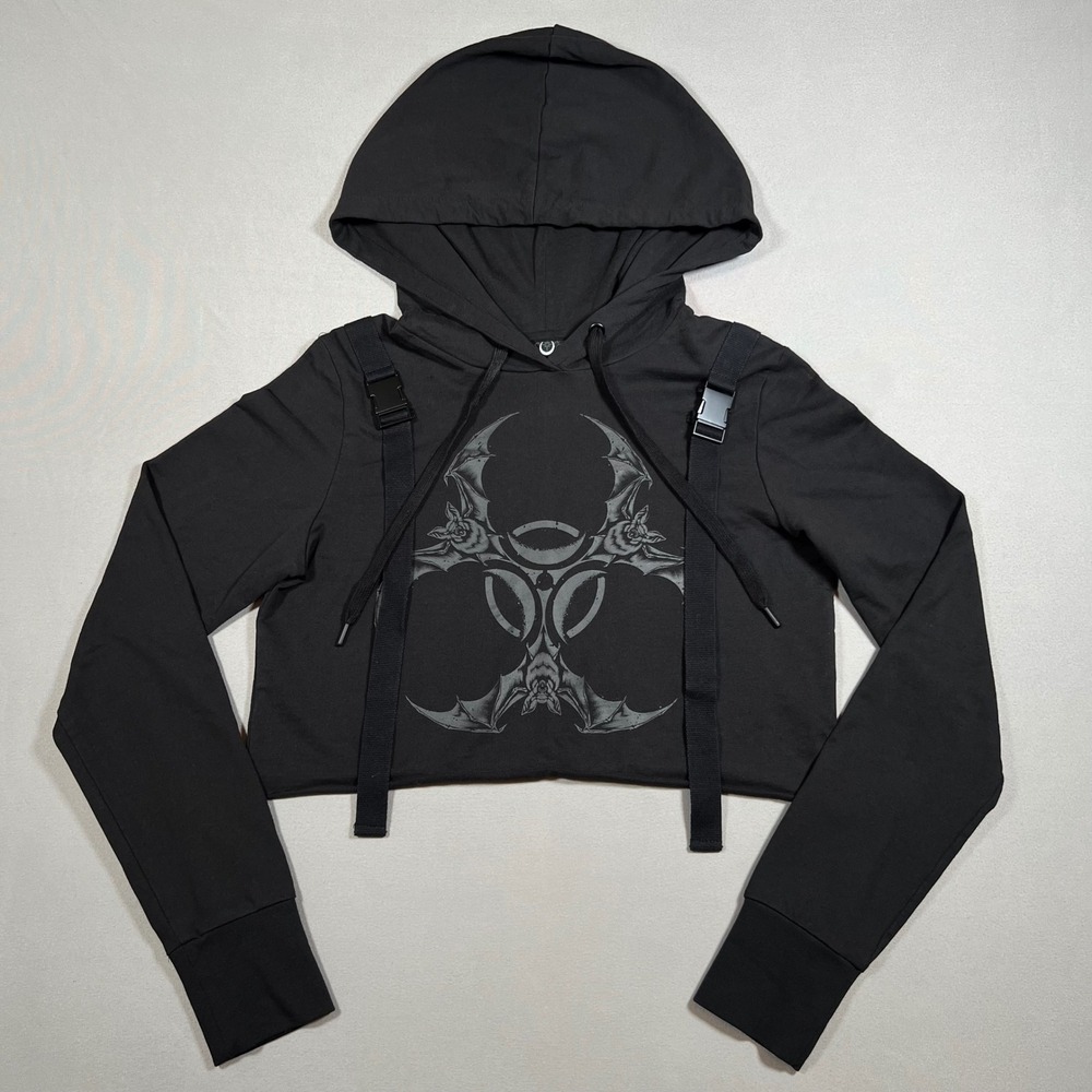 Killstar Womens Black Biohazard Bat Graphic Cropped Hoodie Buckle Straps Large
